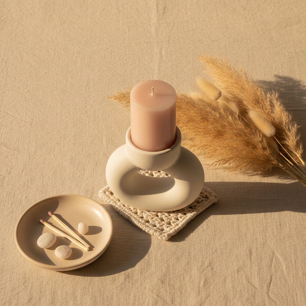 Ceramic Candle & Pampas Home Décor Set